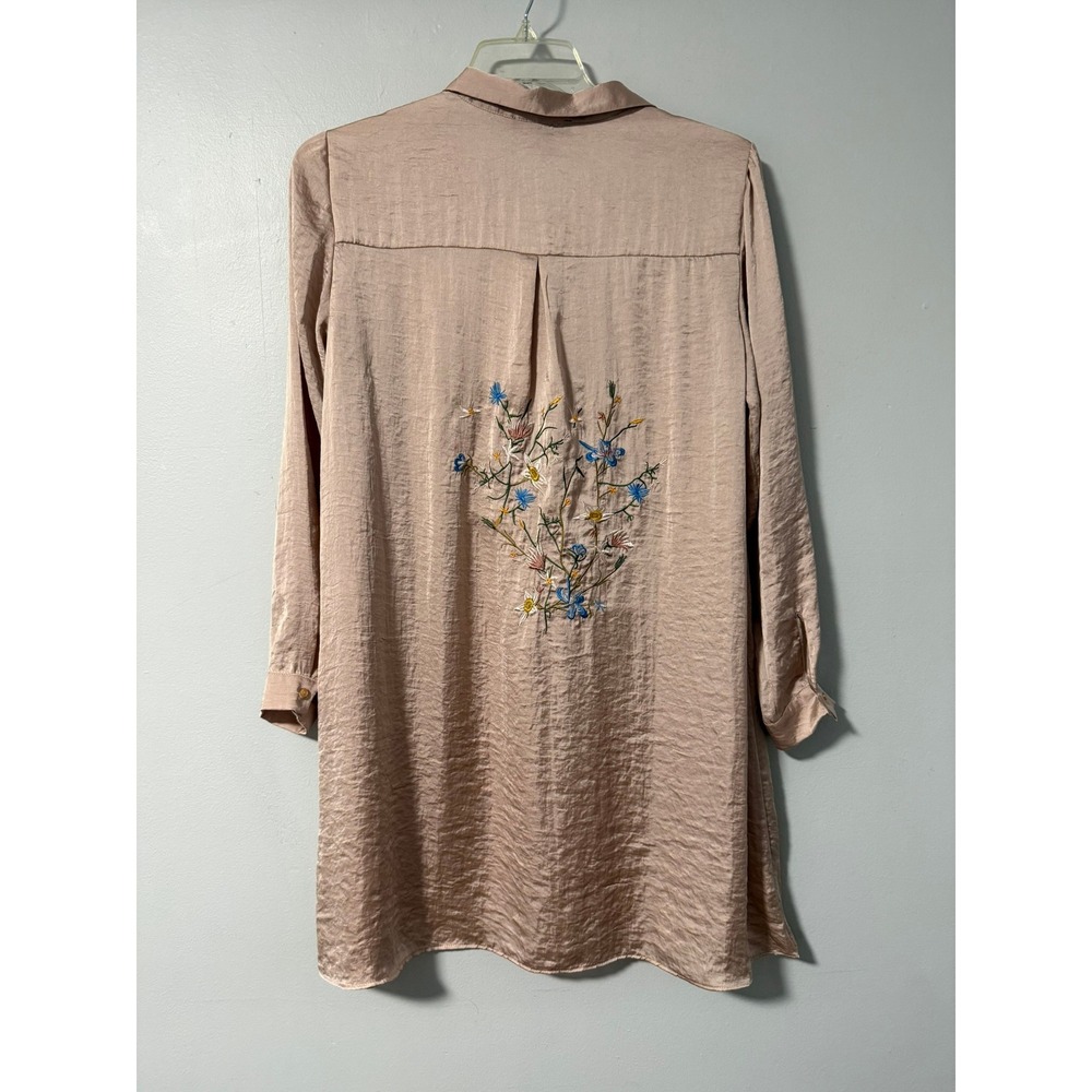 Atmosphere Tunic Shirt‎ Dress Pink Satin Embroidered Floral Mini Womens 10